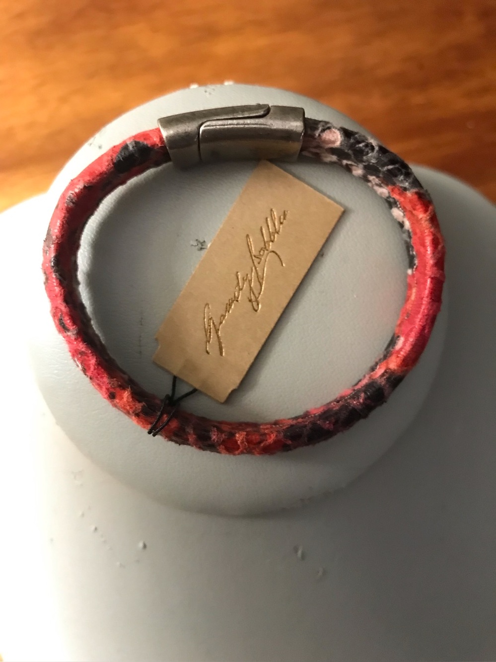 7” Snakeskin print leather bracelet with magnetic clasp